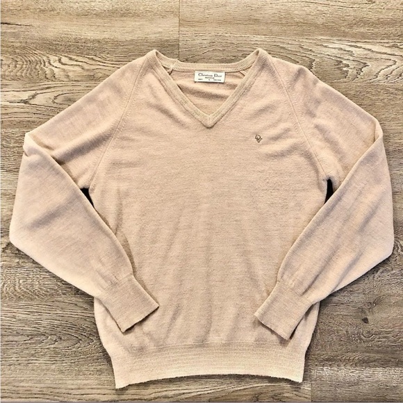 Vintage 80s Christian Dior Monsieur V-neck Acrylic Sweater Beige Size Large EUC